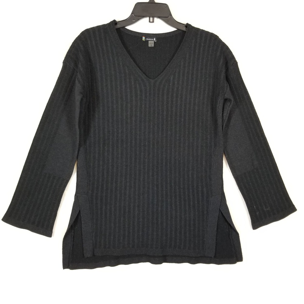 Smartwool Womens Black V-Neck Ribbed Wool Blend Sweater Side Slit Size S